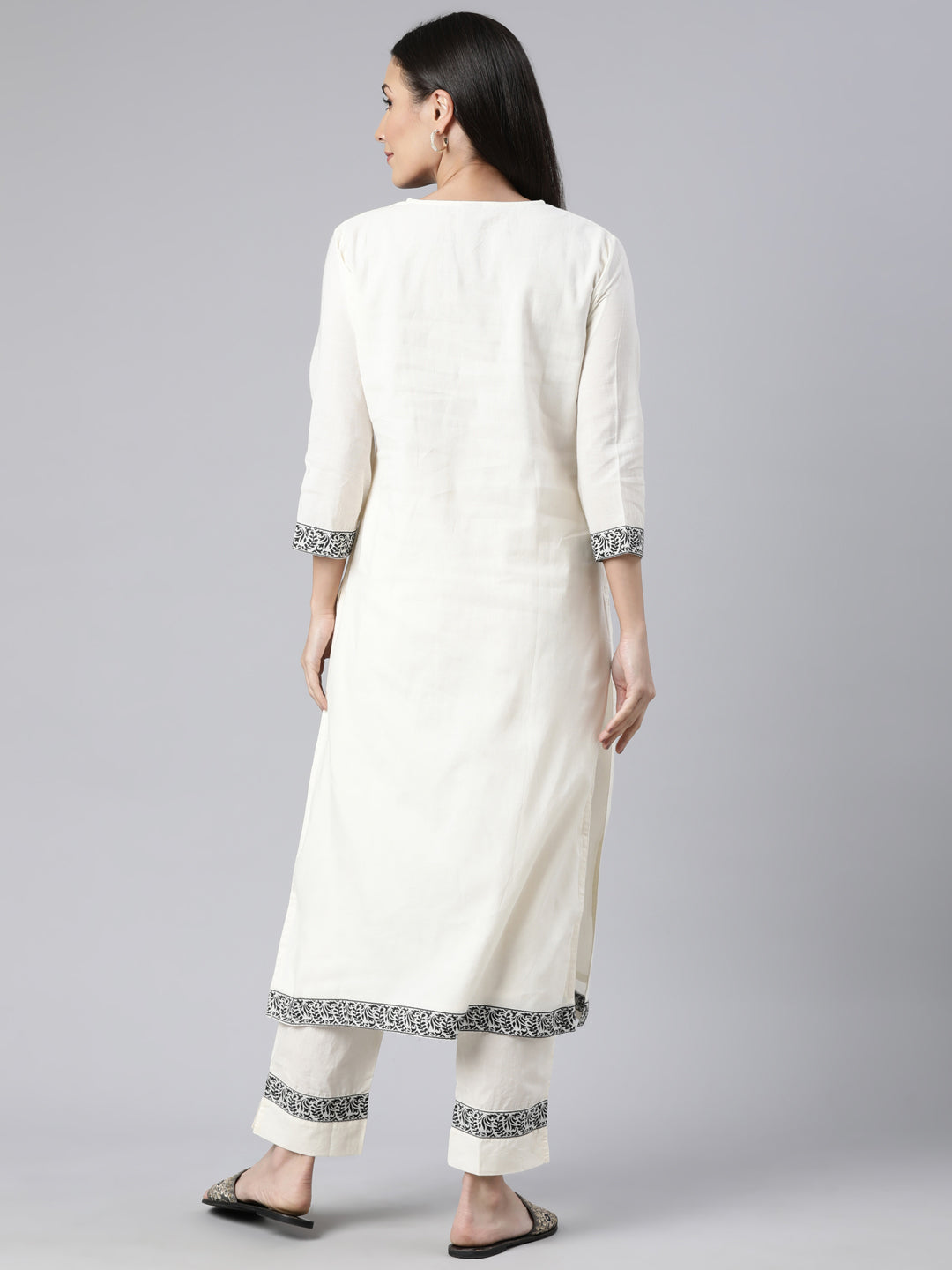 Neerus Cream Regular Straight Floral Kurta And  Trousers