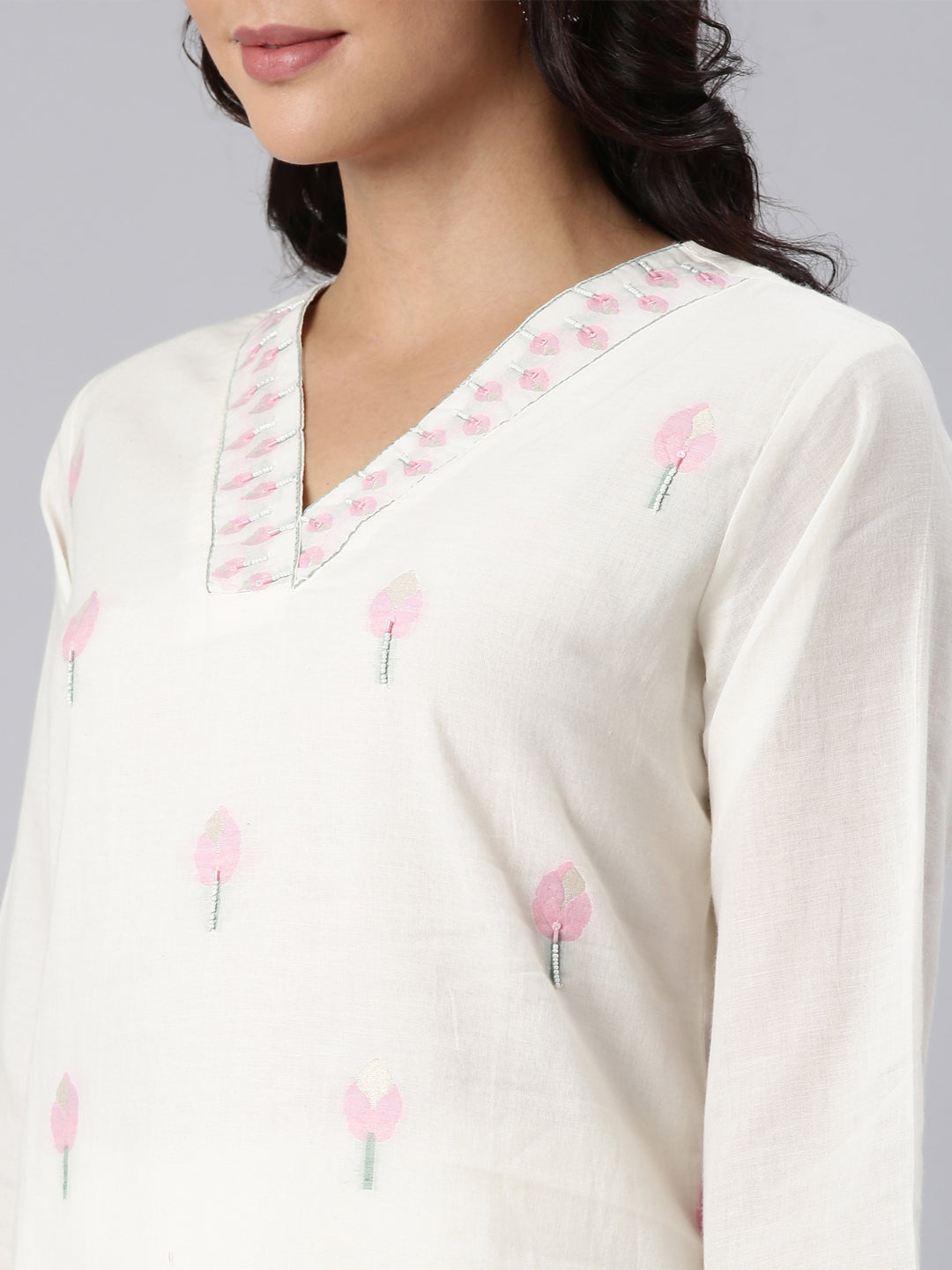 Neerus Off White Panelled Straight Woven Design Kurta And Trousers With Dupatta