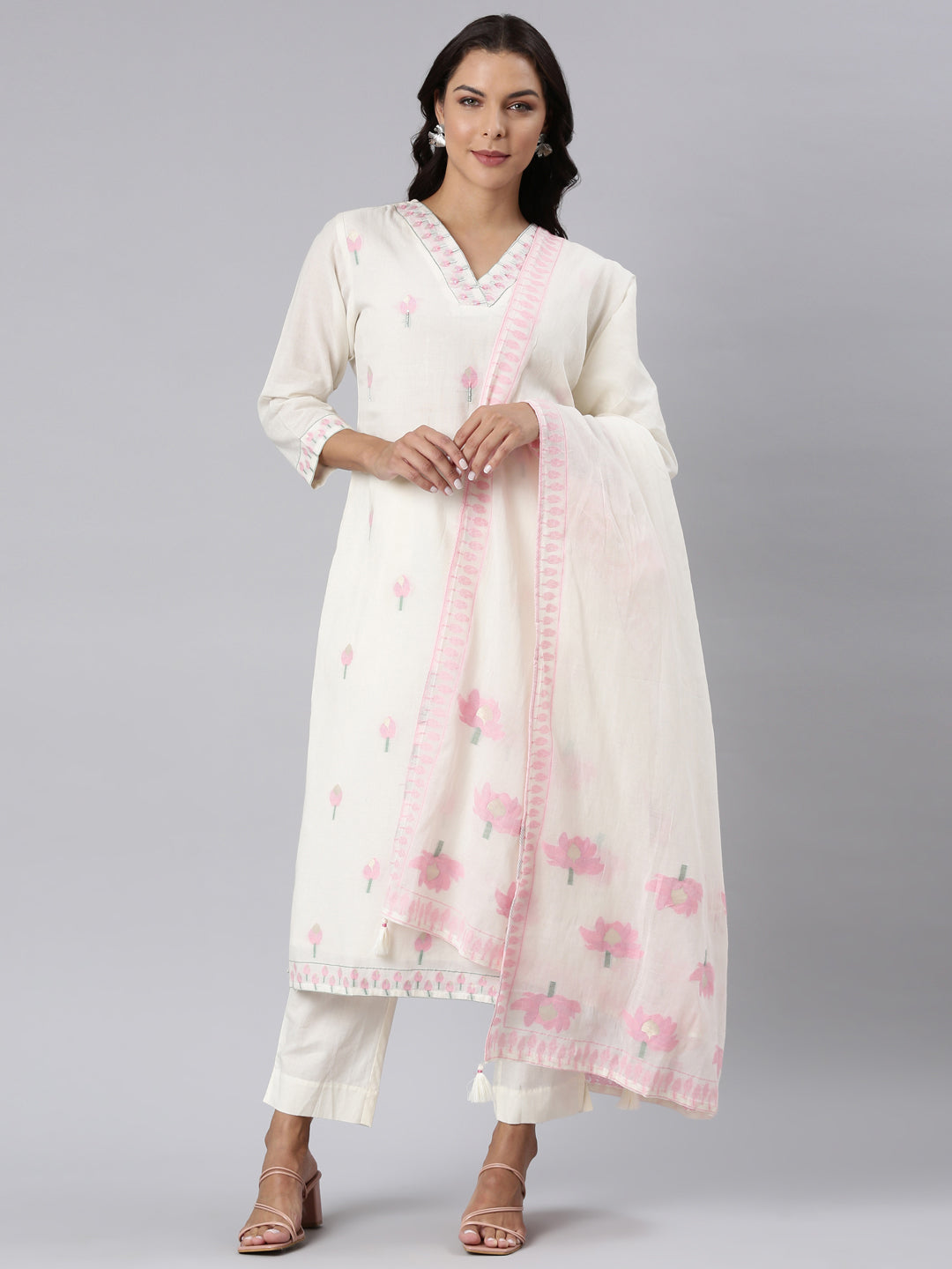 Neerus Off White Panelled Straight Woven Design Kurta And Trousers With Dupatta