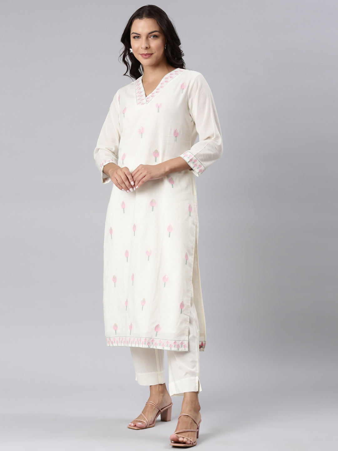 Neerus Off White Panelled Straight Woven Design Kurta And Trousers With Dupatta