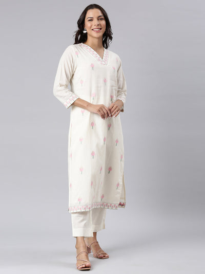 Neerus Off White Panelled Straight Woven Design Kurta And Trousers With Dupatta