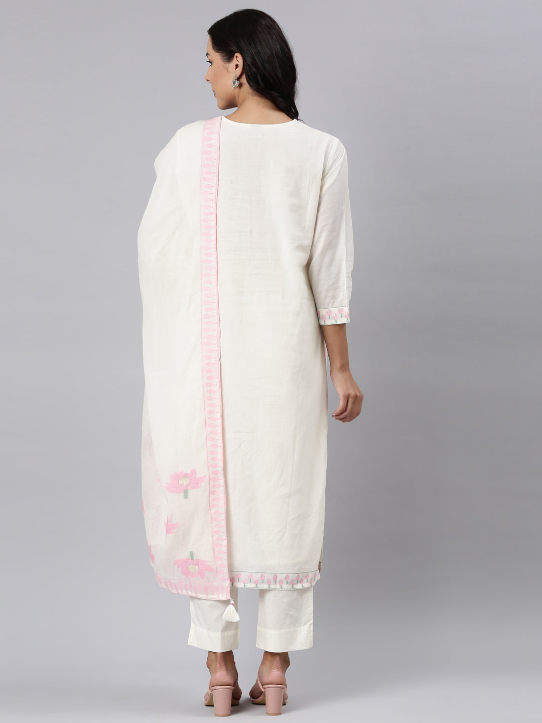 Neerus Off White Panelled Straight Woven Design Kurta And Trousers With Dupatta