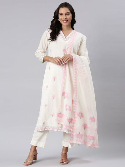 Neerus Off White Panelled Straight Woven Design Kurta And Trousers With Dupatta