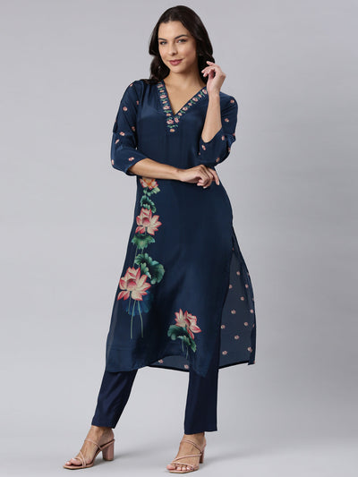 Neerus Navy Blue Panelled Straight Printed Kurta And Trousers With Dupatta