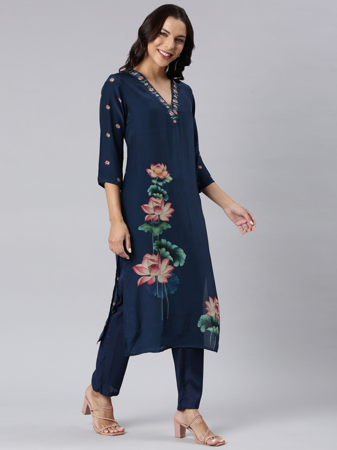 Neerus Navy Blue Panelled Straight Printed Kurta And Trousers With Dupatta