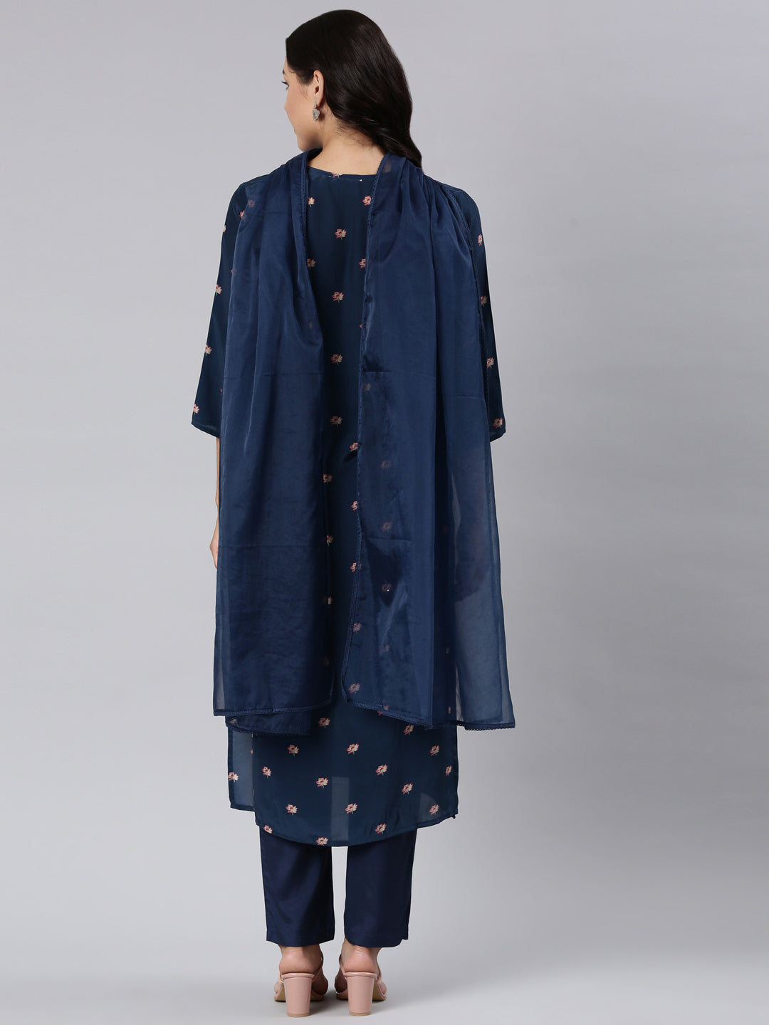 Neerus Navy Blue Panelled Straight Printed Kurta And Trousers With Dupatta