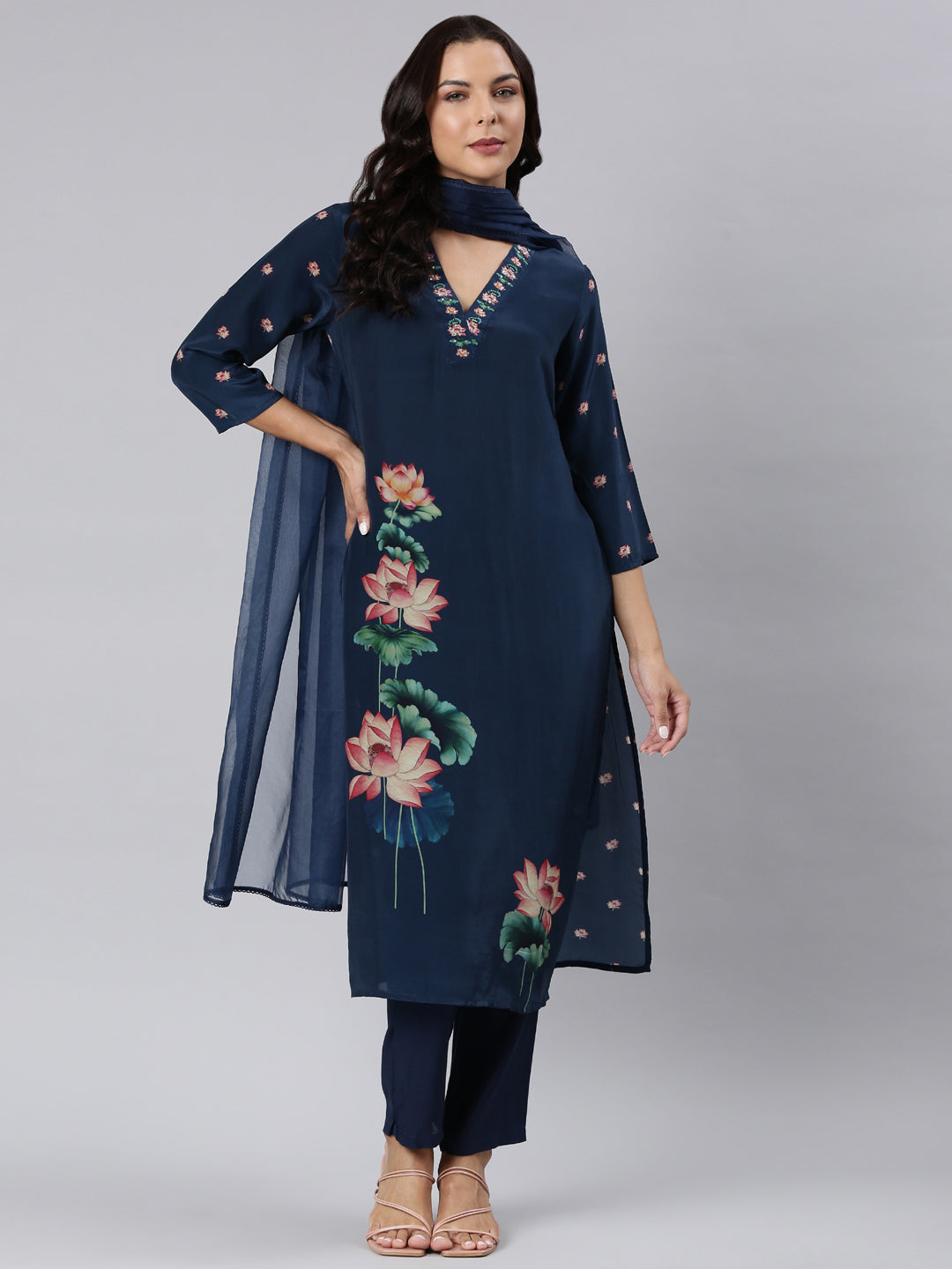 Neerus Navy Blue Panelled Straight Printed Kurta And Trousers With Dupatta