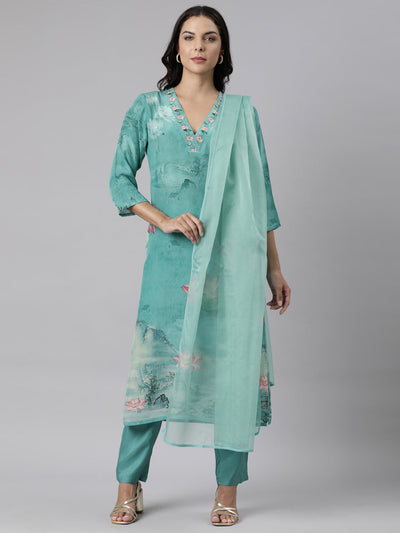 Neerus Sea Green Panelled Straight Printed Kurta And Trousers With Dupatta