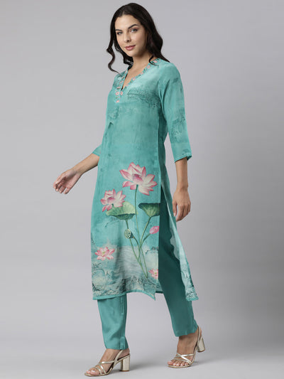 Neerus Sea Green Panelled Straight Printed Kurta And Trousers With Dupatta