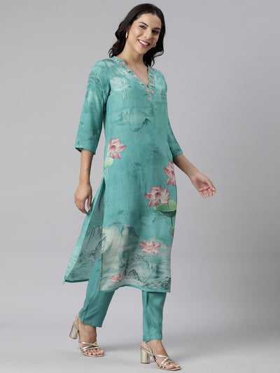 Neerus Sea Green Panelled Straight Printed Kurta And Trousers With Dupatta