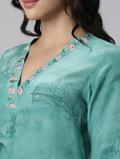 Neerus Sea Green Panelled Straight Printed Kurta And Trousers With Dupatta