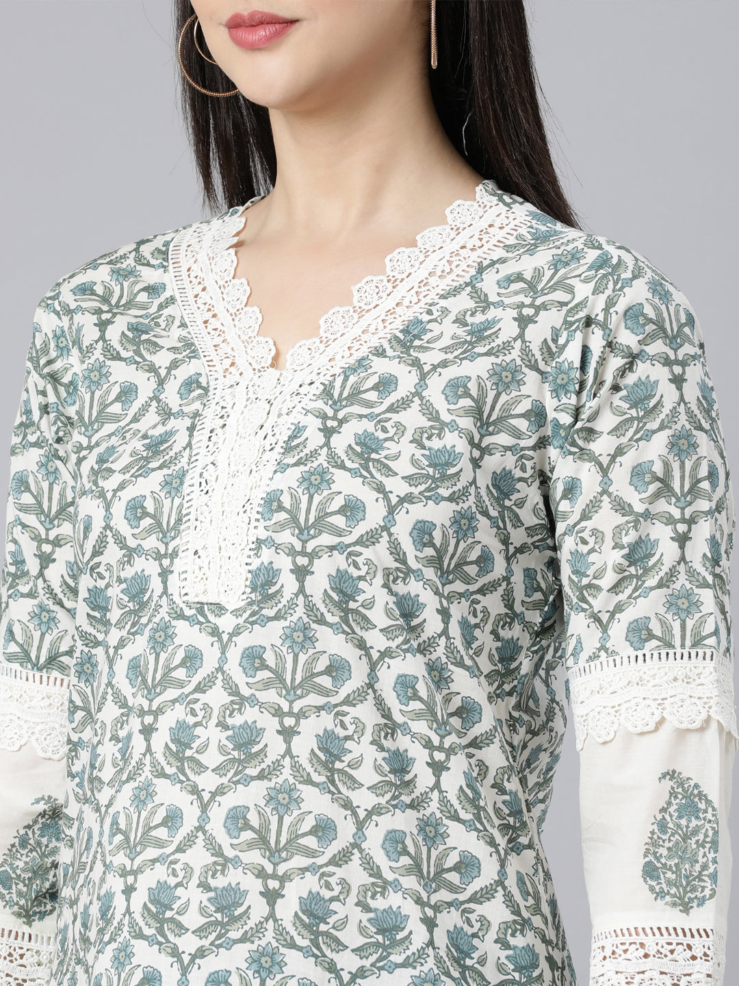 Neerus Blue Panelled Straight Printed Kurta And Trousers With Dupatta