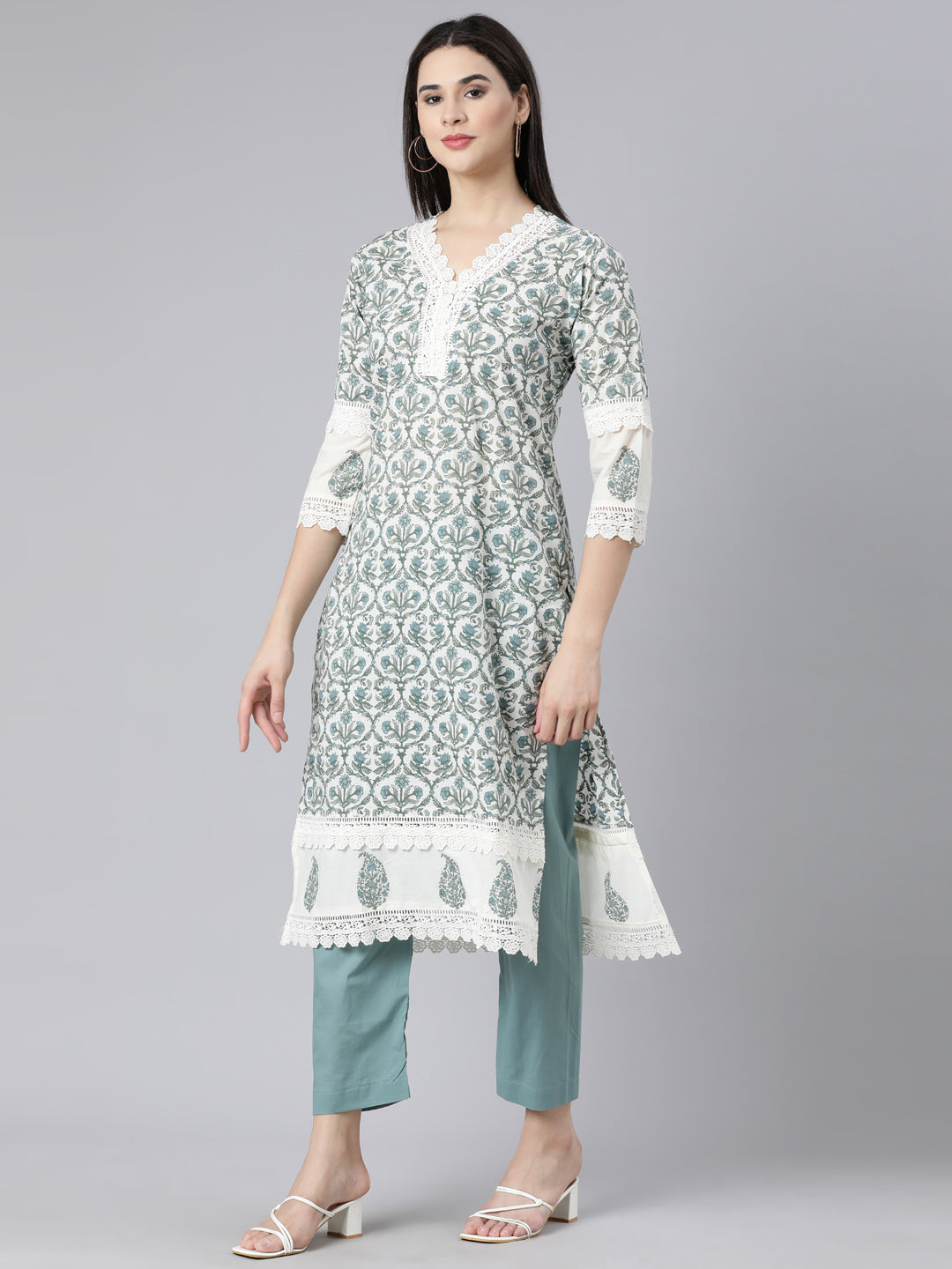 Neerus Blue Panelled Straight Printed Kurta And Trousers With Dupatta