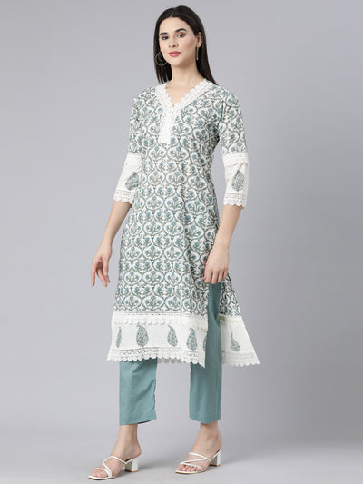 Neerus Blue Panelled Straight Printed Kurta And Trousers With Dupatta