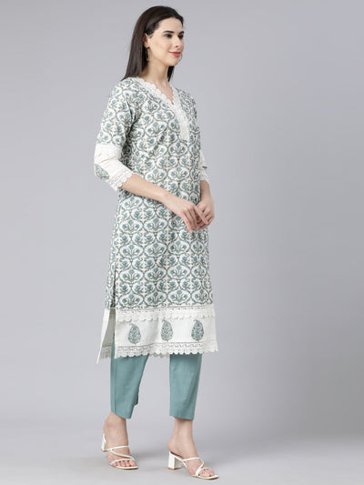 Neerus Blue Panelled Straight Printed Kurta And Trousers With Dupatta