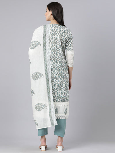 Neerus Blue Panelled Straight Printed Kurta And Trousers With Dupatta