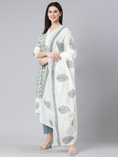 Neerus Blue Panelled Straight Printed Kurta And Trousers With Dupatta