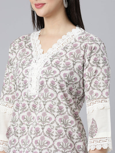 Neerus Lavender Panelled Straight Printed Kurta And Trousers With Dupatta