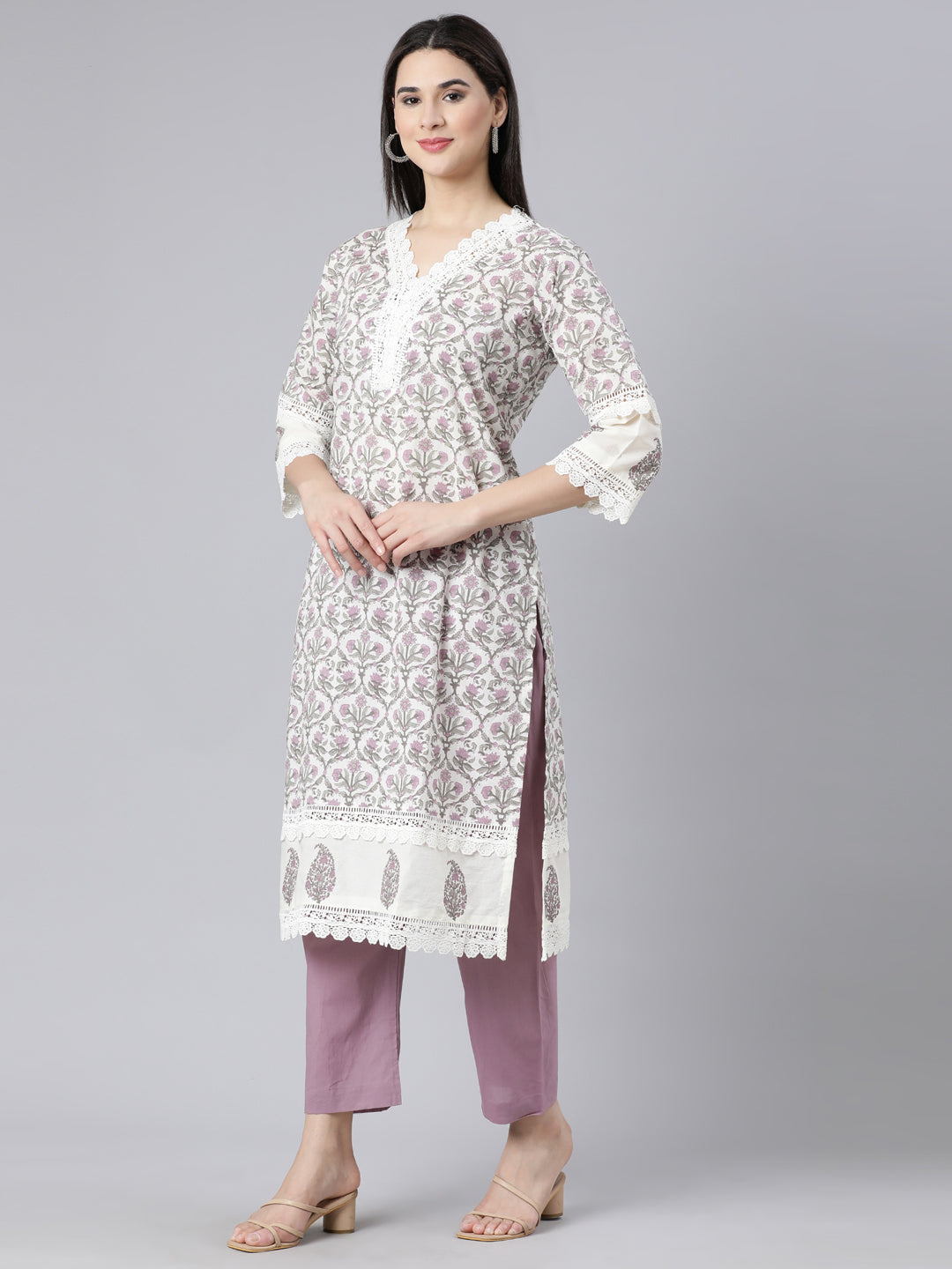 Neerus Lavender Panelled Straight Printed Kurta And Trousers With Dupatta