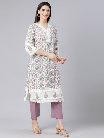 Neerus Lavender Panelled Straight Printed Kurta And Trousers With Dupatta