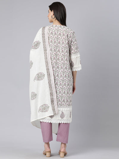 Neerus Lavender Panelled Straight Printed Kurta And Trousers With Dupatta