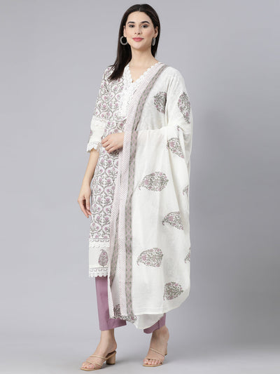 Neerus Lavender Panelled Straight Printed Kurta And Trousers With Dupatta