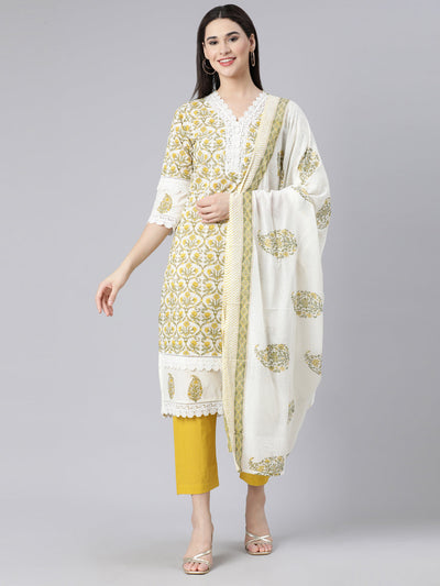 Neerus Yellow Panelled Straight Printed Kurta And Trousers With Dupatta