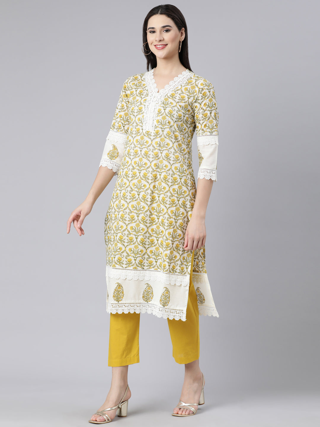 Neerus Yellow Panelled Straight Printed Kurta And Trousers With Dupatta