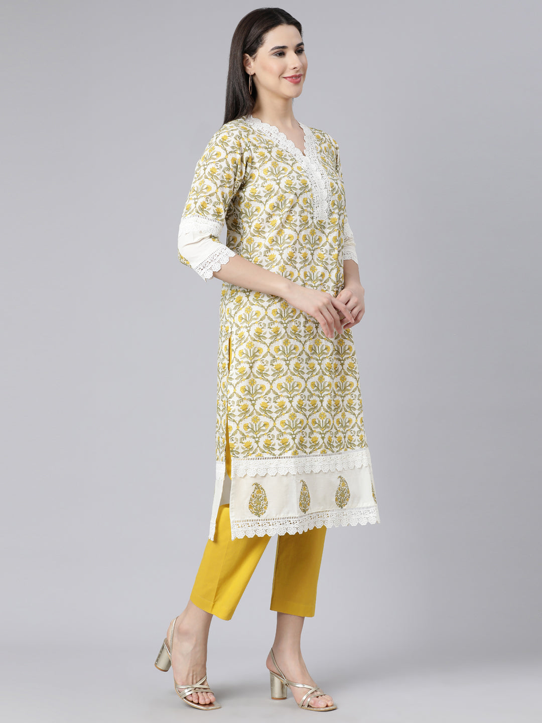 Neerus Yellow Panelled Straight Printed Kurta And Trousers With Dupatta