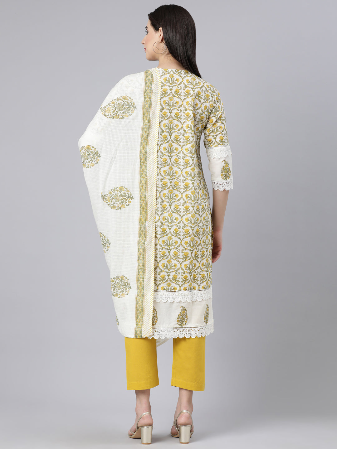 Neerus Yellow Panelled Straight Printed Kurta And Trousers With Dupatta