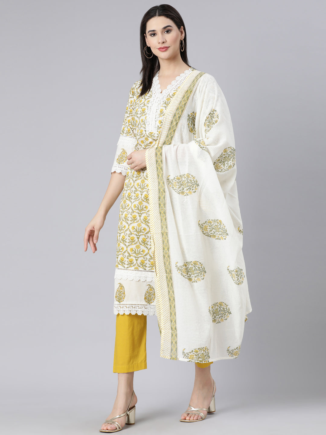 Neerus Yellow Panelled Straight Printed Kurta And Trousers With Dupatta