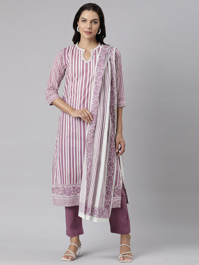 Neerus Lavender Panelled Straight Printed Kurta And Trousers With Dupatta