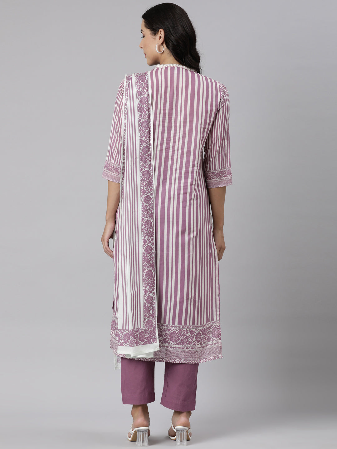 Neerus Lavender Panelled Straight Printed Kurta And Trousers With Dupatta