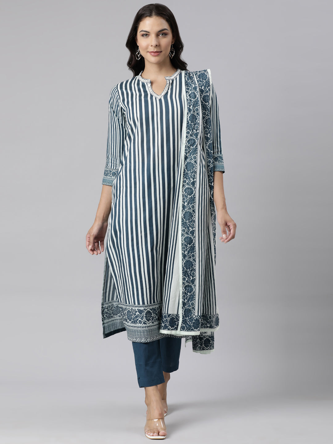 Neerus Navy Blue Panelled Straight Printed Kurta And Trousers With Dupatta