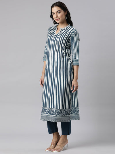 Neerus Navy Blue Panelled Straight Printed Kurta And Trousers With Dupatta