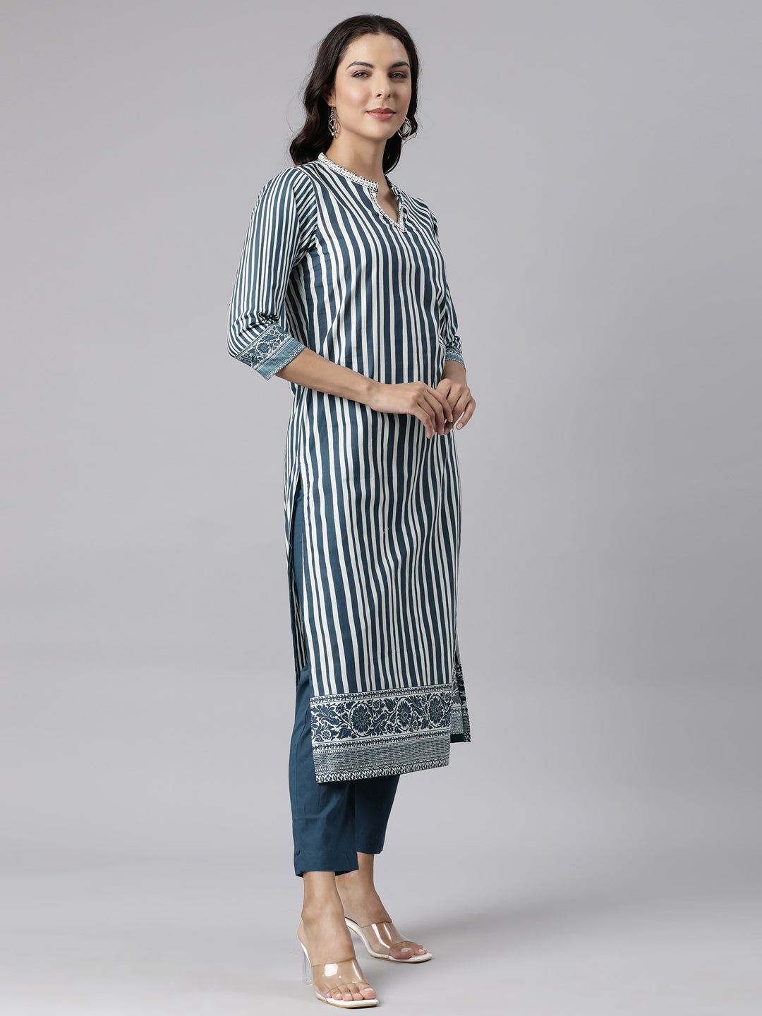 Neerus Navy Blue Panelled Straight Printed Kurta And Trousers With Dupatta