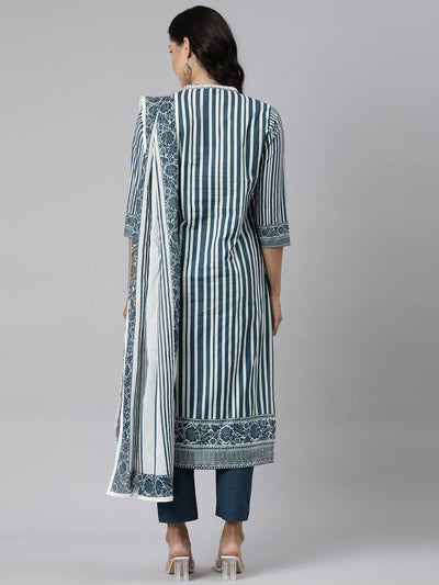 Neerus Navy Blue Panelled Straight Printed Kurta And Trousers With Dupatta