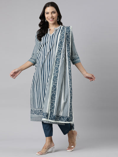 Neerus Navy Blue Panelled Straight Printed Kurta And Trousers With Dupatta