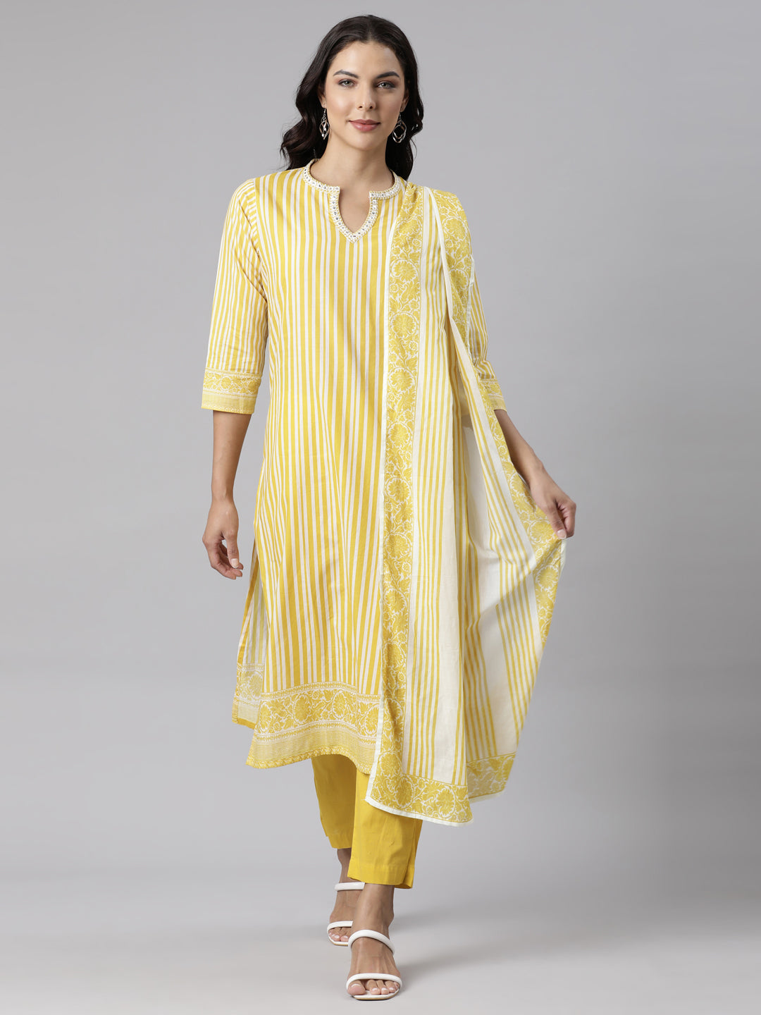 Neerus Yellow Panelled Straight Printed Kurta And Trousers With Dupatta