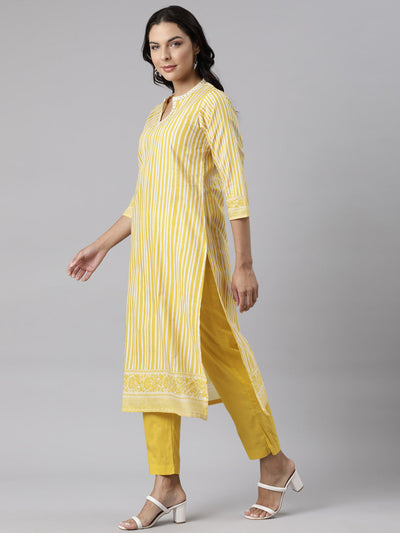 Neerus Yellow Panelled Straight Printed Kurta And Trousers With Dupatta