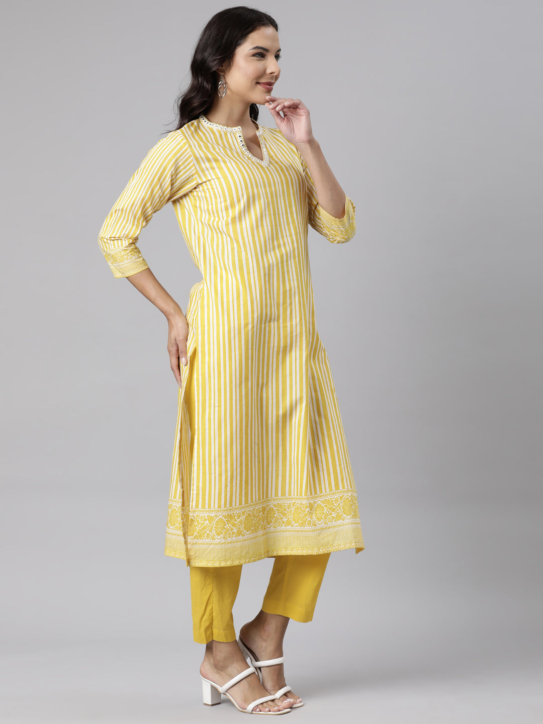 Neerus Yellow Panelled Straight Printed Kurta And Trousers With Dupatta