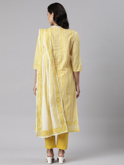 Neerus Yellow Panelled Straight Printed Kurta And Trousers With Dupatta