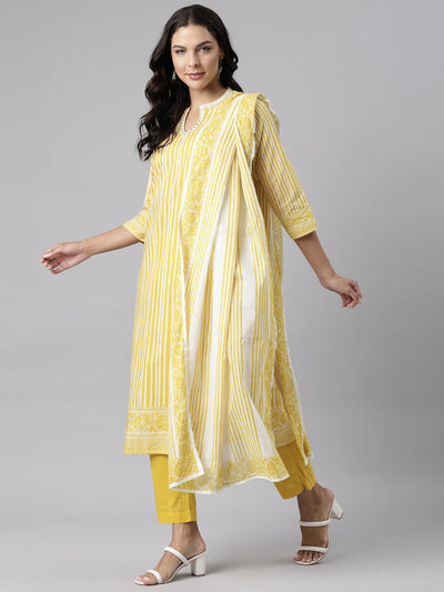 Neerus Yellow Panelled Straight Printed Kurta And Trousers With Dupatta