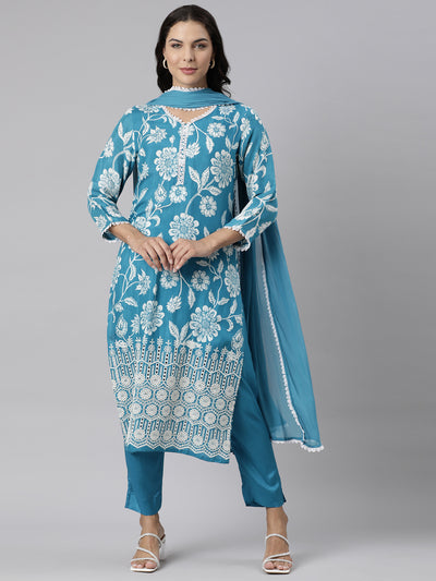 Neerus Blue Panelled Straight Printed Kurta And Trousers With Dupatta