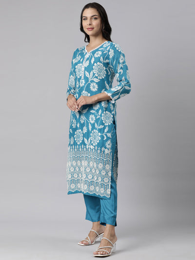 Neerus Blue Panelled Straight Printed Kurta And Trousers With Dupatta