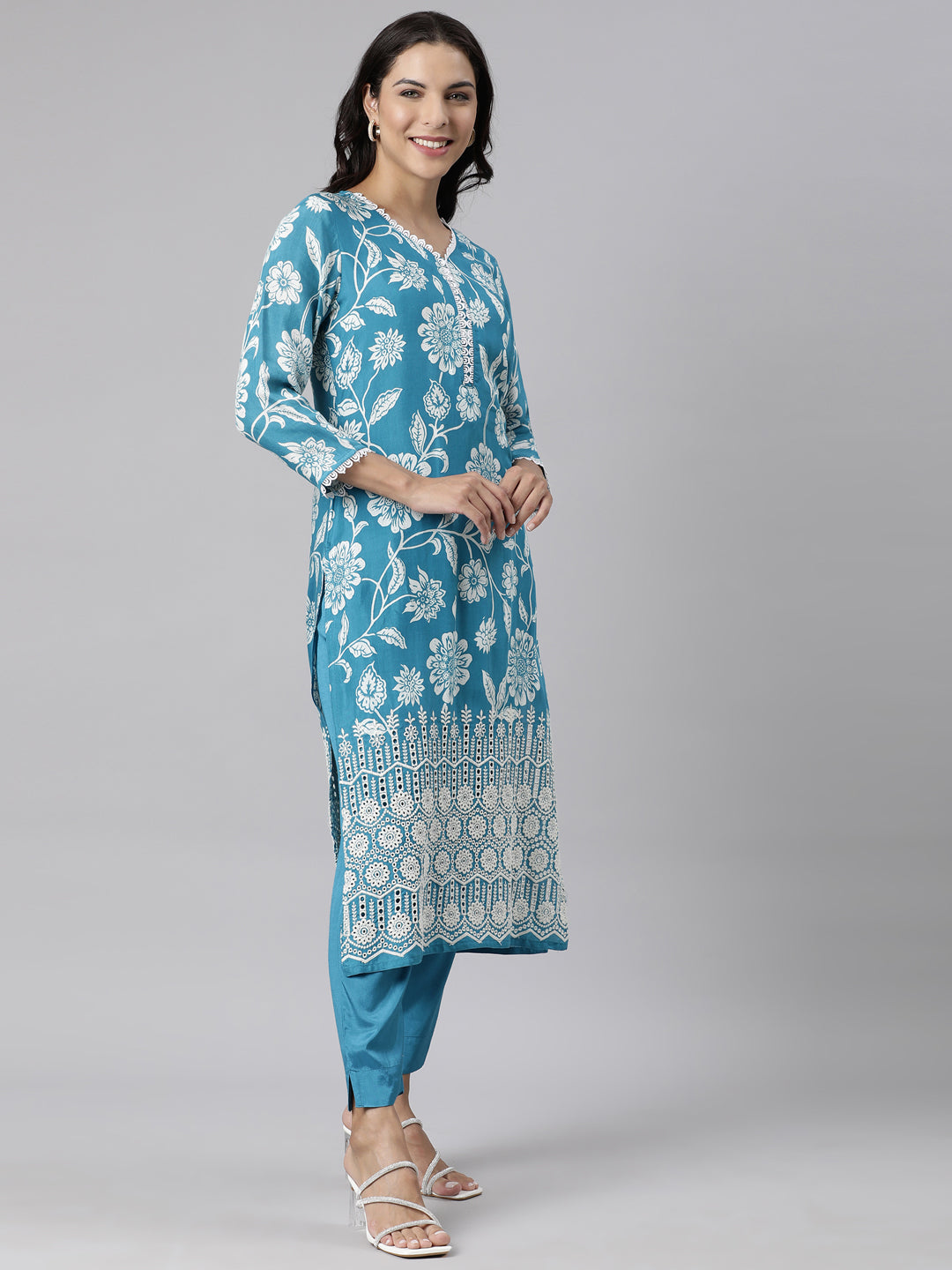 Neerus Blue Panelled Straight Printed Kurta And Trousers With Dupatta