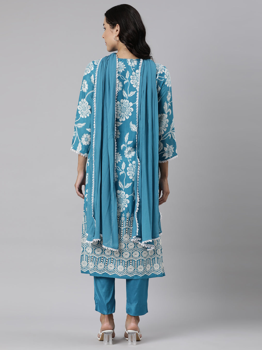 Neerus Blue Panelled Straight Printed Kurta And Trousers With Dupatta