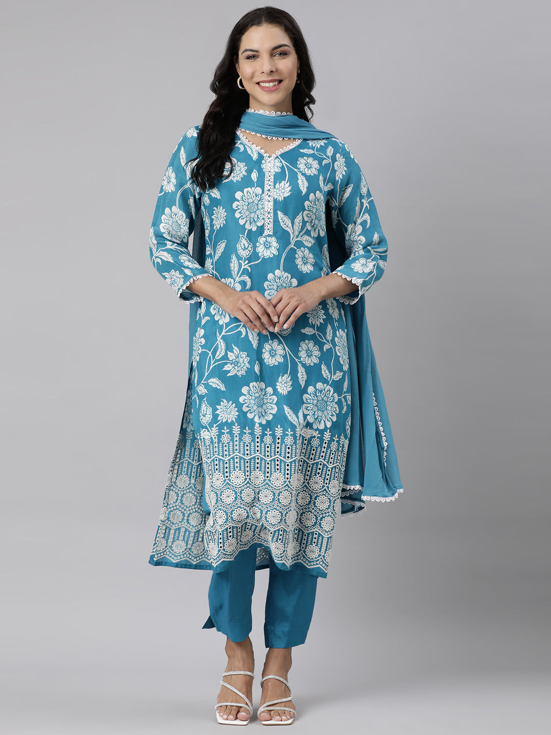 Neerus Blue Panelled Straight Printed Kurta And Trousers With Dupatta