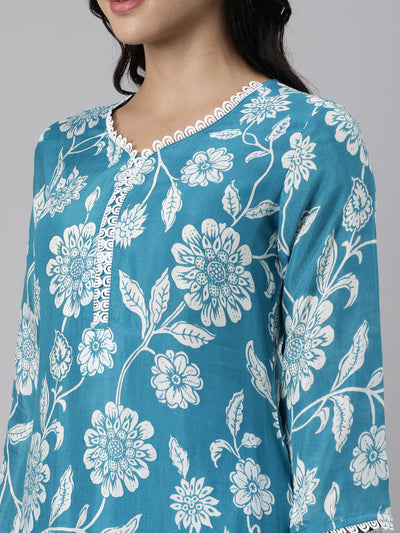 Neerus Blue Panelled Straight Printed Kurta And Trousers With Dupatta