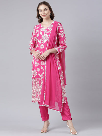 Neerus Pink Panelled Straight Printed Kurta And Trousers With Dupatta